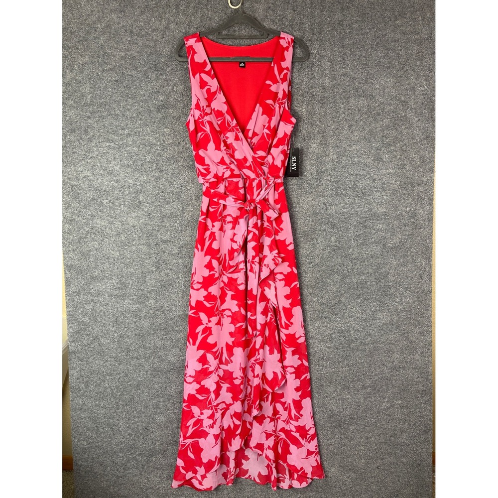 NEW SLNY Maxi Dress Womens 10 Red Pink Floral V-Neck Faux Wrap Sleeveless